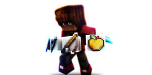 Minecraft角色以像素風格手持劍和蘋果。 — 型格 Minecraft 壁紙