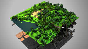 浮動的像素島嶼，有森林、河流和懸崖，Minecraft風格。 — 型格 Minecraft 壁紙