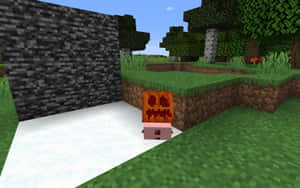一個雕刻了可怕面孔的南瓜放在Minecraft森林的雪中，旁邊有一道石牆。 — 雪人 壁紙