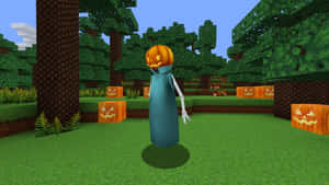 Minecraft森林中穿著藍色長袍的南瓜頭鬼魂與傑克南瓜燈。 — 我的世界 壁紙