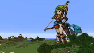 Minecraft景觀中拉弓的像素化弓箭手