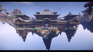 漂浮像素化寺廟倒映在水中，藍天之下 — 最佳 Minecraft 壁紙