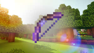 一個紫色像素蝴蝶結漂浮在Minecraft森林中，有樹木和陽光。 — 我的世界 壁紙