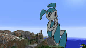 藍髮動漫女孩站在Minecraft山景中。