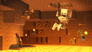 一個Minecraft骷髏懸掛在地獄堡壘中，有岩漿和火把。 — 我的世界 壁紙