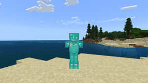 Minecraft鑽石盔甲角色在海灘上，靠近海洋和森林