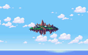 浮空島嶼，有懸崖和綠植，在藍天白雲下的海洋之上 — 2880x1800 壁紙
