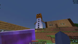 玩家在白天看到Minecraft中木屋附近的雪人。 — 雪花 壁紙