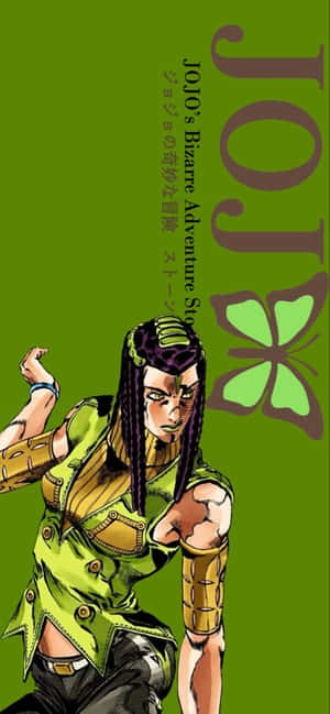 來自《JoJo的奇妙冒險》的動漫角色，以綠色服裝和蝴蝶標誌擺出充滿動感的姿勢。 — Realme Note 80 壁紙