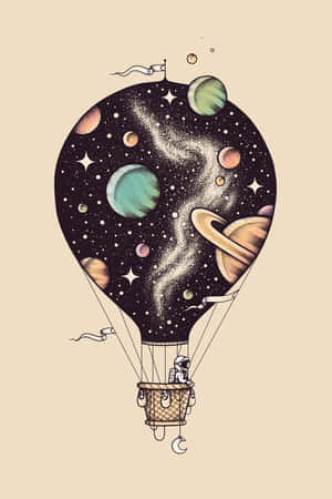 一個充滿星星和行星的熱氣球，配有太空人駕駛員。 — 太空人 壁紙