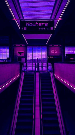 未來感車站中的霓虹紫色電梯，以及寫著「Nowhere」的標誌。 — 黑紫 壁紙