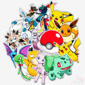熱門 Pokémon 角色和一個精靈球的貼紙拼貼。