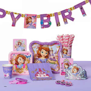 Sofia the First 主題生日派對用品，包括盤子、杯子、橫幅和裝飾品。 — 蘇菲亞公主 壁紙