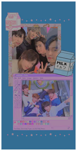 K-pop組合在一個有趣的數碼照片編輯界面中，帶有牛奶盒和星星。