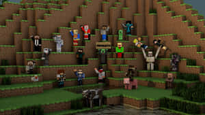 Minecraft角色和動物站在有草的梯田土丘上。 — 最佳 Minecraft 壁紙