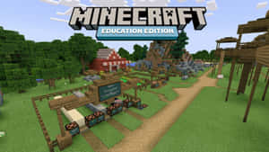 Minecraft Education Edition校園，有方塊狀建築和綠色景觀。