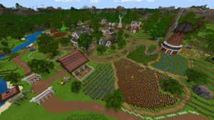 一個在綠色山谷中有農場、河流和風車的Minecraft村莊。 — 最佳 Minecraft 壁紙