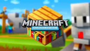 Minecraft Education Edition標誌，帶有書架方塊和像素角色，在草地戶外場景中。