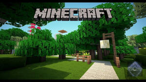 Minecraft森林，方塊樹木，草地，石徑，藍天 — 遊戲 壁紙