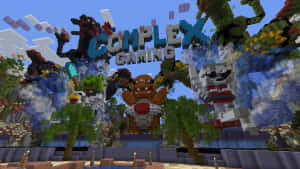 像素化的Minecraft怪物和藍天下的遊戲文字。 — 最佳 Minecraft 壁紙