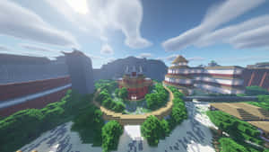 藍天下有寶塔建築和綠樹的Minecraft村莊。 — 夜景城市 壁紙