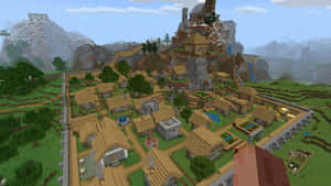 一個由木屋和石牆組成的Minecraft村莊，被綠色的山丘和山脈環繞。 — 型格 Minecraft 壁紙