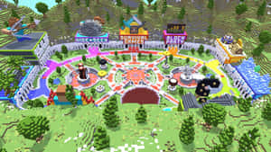 在塊狀森林環境中，帶有彩色區域的像素化遊戲競技場。 — 最佳 Minecraft 壁紙