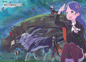 紫髮動漫女孩在魔法森林中，在一隻大型有翼野獸旁邊揮手。 — 美景 壁紙