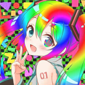 擁有彩虹色頭髮和旋轉眼睛的動漫女孩做出和平手勢。 — 抽象藝術 壁紙