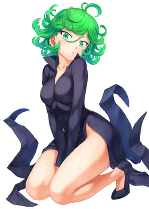 動漫女孩，綠色頭髮和眼睛，穿著黑色服裝跪著。 — Galaxy Z TriFold 壁紙