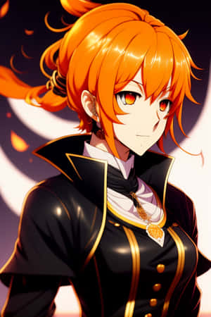 動漫女孩，橙色頭髮，紅色眼睛，黑色金色服裝 — Huawei MatePad 壁紙