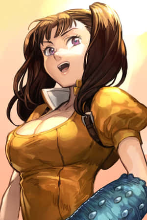 動漫女孩，棕色雙馬尾，紫色眼睛，金色上衣和藍色裝甲護手。 — 小米Mix 壁紙