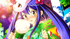 穿著和服的動漫女孩在煙花節上吃棉花糖。 — 妖精尾巴 壁紙