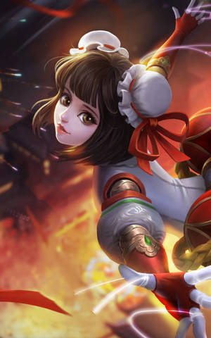 動漫女孩身穿紅白相間服裝，在激烈的戰鬥中揮舞發光能量。 — Redmi K Pad 2 壁紙