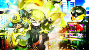 動漫角色在霓虹城市中拿著油漆炮和魷魚生物 — Splatoon GIF 壁紙