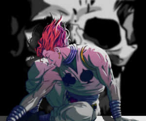 粉紅色頭髮的動漫角色在骷髏背景下擁抱另一個人。 — Hisoka GIF 壁紙