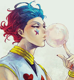 動漫角色，紅色和藍色頭髮，吹著泡泡糖泡泡。 — Hisoka GIF 壁紙