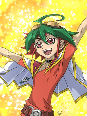 擁有綠色頭髮和紅色眼睛的動漫角色在金色星空背景下慶祝。 — 幽遊白書 GIF 壁紙