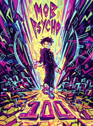 動漫角色 Mob Psycho 被色彩繽紛的能量爆發和風格化文字包圍。 — iPad 第9代 壁紙