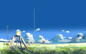 在明亮的藍天白雲下，草地上有一個生鏽的木結構。 — 東京喰種角色 壁紙
