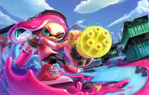 動漫角色在粉紅色油漆中於城市環境中噴灑，使用黃色噴射器。 — Splatoon GIF 壁紙