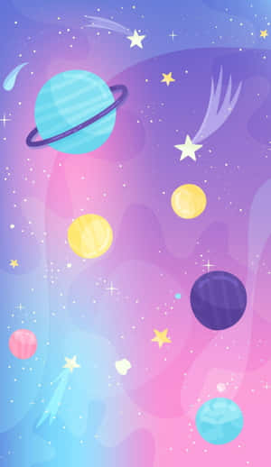 粉彩卡通行星和星星漂浮在夢幻的宇宙天空中。 — Huawei Pura X View 壁紙