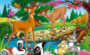 卡通動物，包括鹿和兔子，在色彩繽紛的森林溪流場景中。 — 靚靚動畫 壁紙