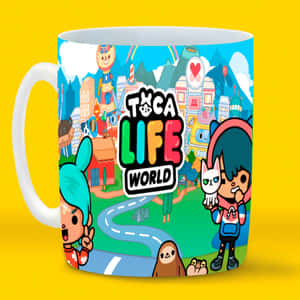 一個色彩繽紛的卡通馬克杯，帶有Toca Life World角色和城市景觀設計。 — Toca boca GIF 壁紙