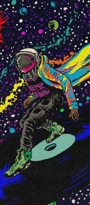 一個色彩繽紛嘅太空人喺宇宙波浪上衝浪，穿越一個星光燦爛嘅星系。 — 太空 壁紙