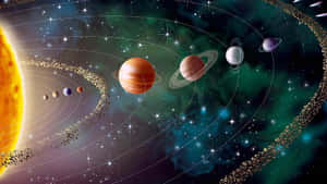 太陽系，行星在繁星點點的太空場景中圍繞著明亮的太陽運行。 — 太空美學 GIF 壁紙