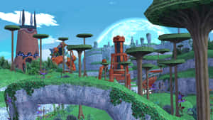 浮島上有綠樹和橙色機械結構，在藍天下有一輪發光的月亮。 — 超音鼠 壁紙