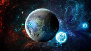 一個被色彩繽紛的星雲和太空中發光天體包圍的行星。 — 太空 壁紙