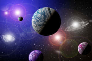 一個色彩繽紛的宇宙場景，在深紫色的銀河中有行星和星星。