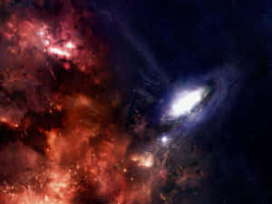 深空中的螺旋星系和發光的紅色星雲，散佈著星星。 — 夜空 壁紙